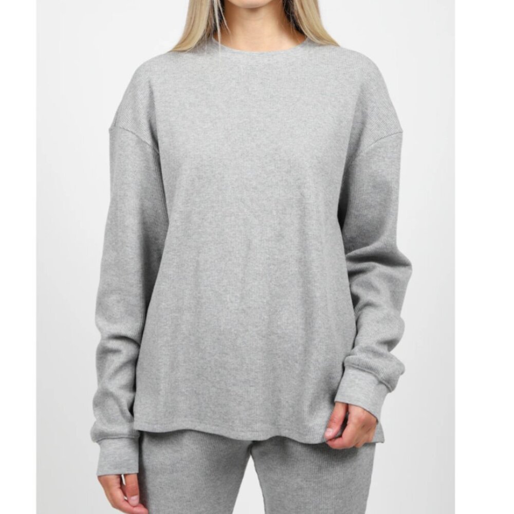 NWT Brunette The Label Grey Waffle Knit Long Sleeve Boxy Tee, Size XS/S